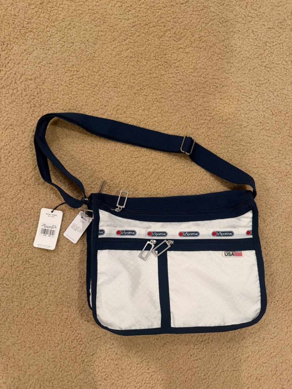 Lesportsac White and Navy Crossbody Messenger with USA Accent